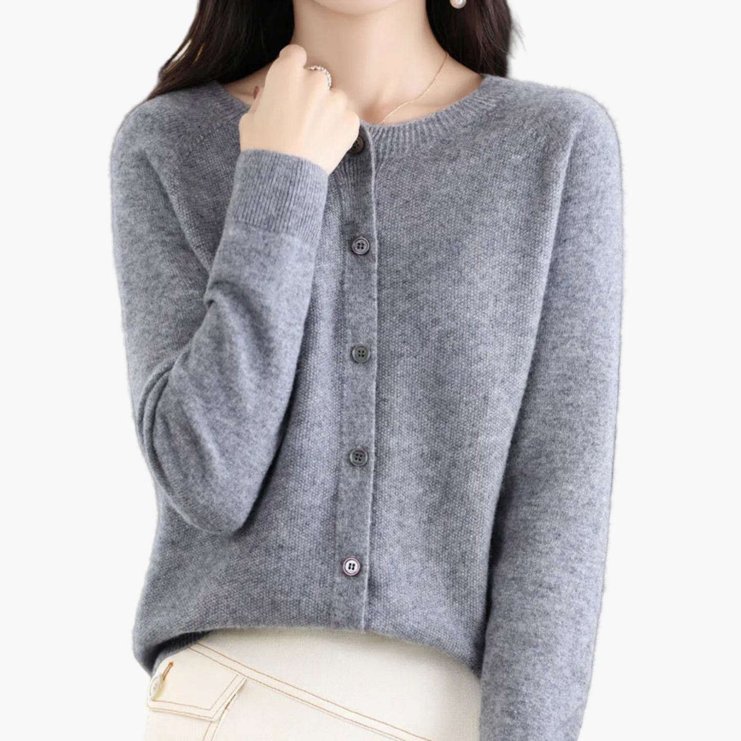 Damen Strickjacke mit Rundhalsausschnitt – Klassischer Cardigan für Alltag und Büro