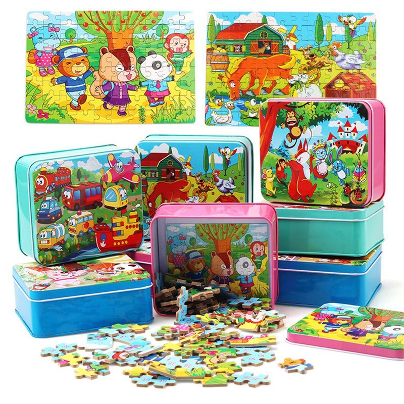 Kinder Holzpuzzle Set im Metallkoffer – Lernspielzeug ab 3 Jahren, Tier- & Bauernhof-Motive, pädagogisches Geschenk