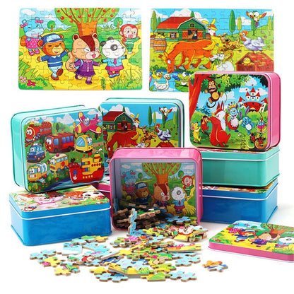 Kinder Holzpuzzle Set im Metallkoffer – Lernspielzeug ab 3 Jahren, Tier- & Bauernhof-Motive, pädagogisches Geschenk