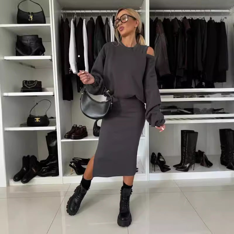 Judith – Langer Rock mit Off-Shoulder Pullover und Fledermausärmeln