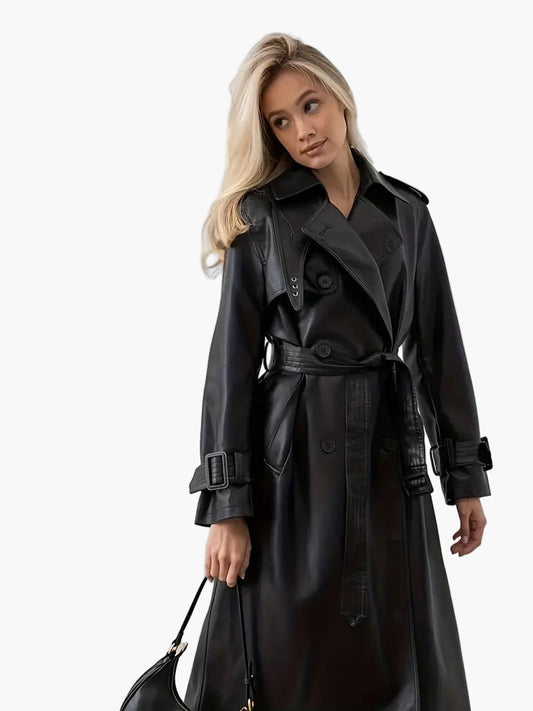 Damen Trenchcoat im Leder-Look – Stilvolle Langjacke mit Taillengürtel und breitem Revers für Alltag und Business