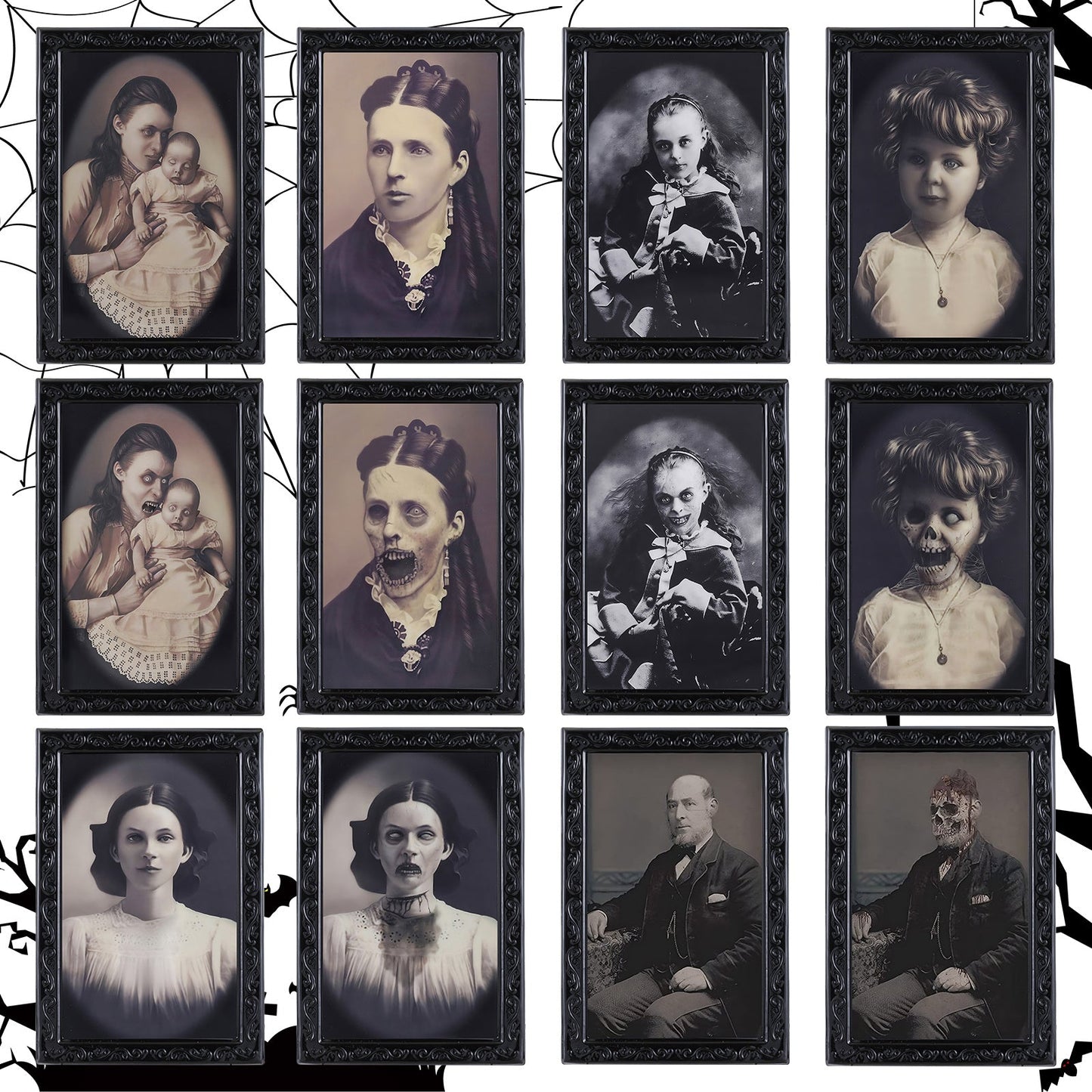 Halloween Deko Grusel-Porträtbilder 3er Set – Wandelnde Gemälde für Spuk-Effekt