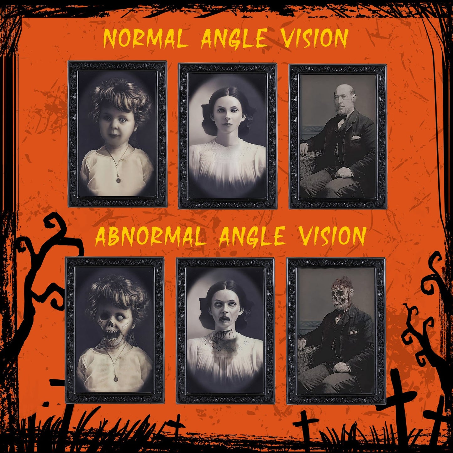 Halloween Deko Grusel-Porträtbilder 3er Set – Wandelnde Gemälde für Spuk-Effekt