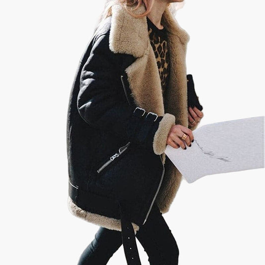 Damen Winter Lammfelljacke im modernen Pilotenstil – Eleganter und warmer Mantel für kalte Tage