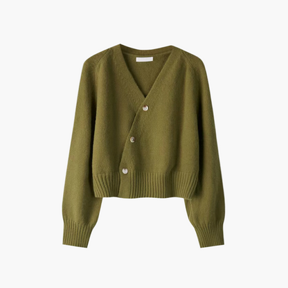 Damen Cardigan mit V-Ausschnitt und schrägem Knopf – Modischer Strick für Alltag und Büro