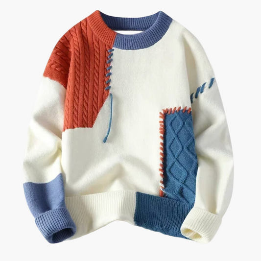 Herren Patchwork Strickpullover im modernen Stil – Komfortabler Freizeit- und Winterpullover