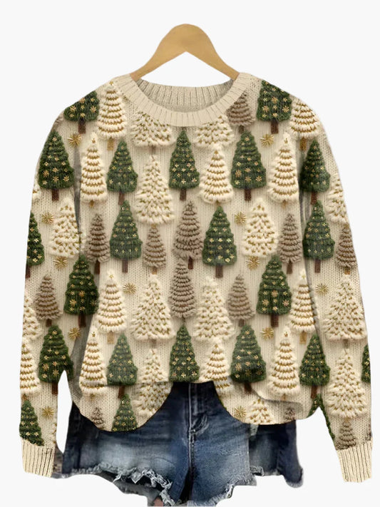 Damen Weihnachtspullover mit 3D-Tannenbaum-Muster – Festlicher Strickpullover für gemütliche Wintertage