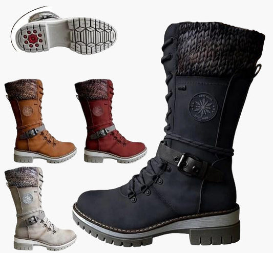 Damen Winter Stiefel mit gestricktem Schaft und Schnürung – Modische Outdoor Boots für Herbst & Winter
