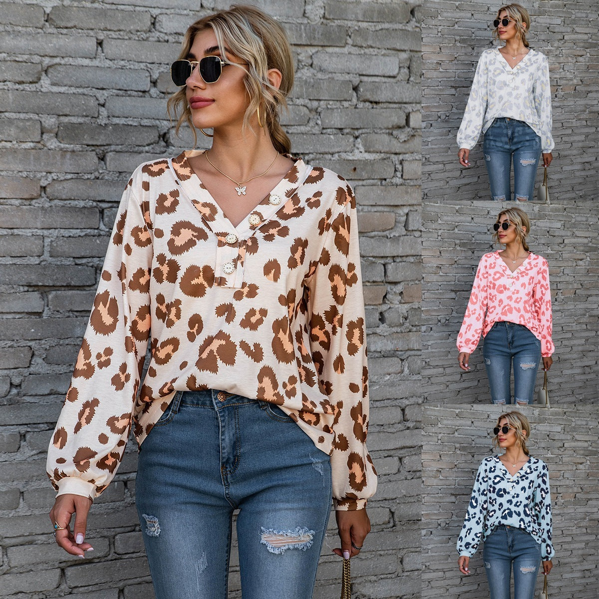Robyn – Leopardenmuster V-Ausschnitt T-Shirt mit langen Ärmeln für Damen