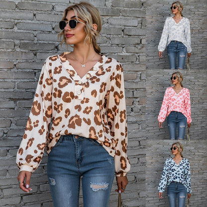 Robyn – Leopardenmuster V-Ausschnitt T-Shirt mit langen Ärmeln für Damen