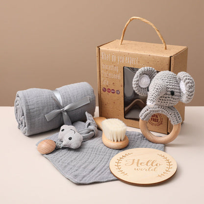 Unisex Baby Geschenkset – Premium Neugeborenen Pflege- & Spielset mit Elefant – Perfektes Baby Shower Geschenk, 6-teilig