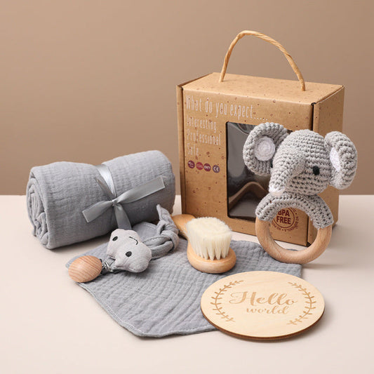 Unisex Baby Geschenkset – Premium Neugeborenen Pflege- & Spielset mit Elefant – Perfektes Baby Shower Geschenk, 6-teilig