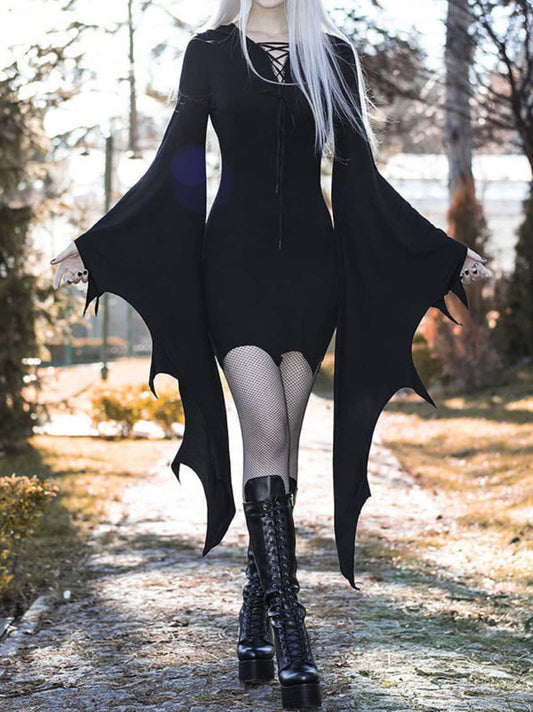 Halloween Damen Kostüm Kleid – Gothic Hexen Kleid mit Fledermausärmeln für Halloween Party & Cosplay