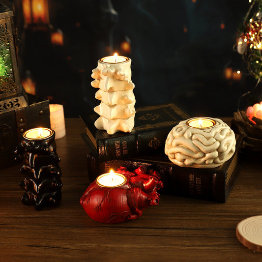 Halloween Deko Kerzenhalter – Herz, Gehirn oder Schwarze Wirbelsäule – Gruselige Gothic Teelichthalter für Halloween-Party