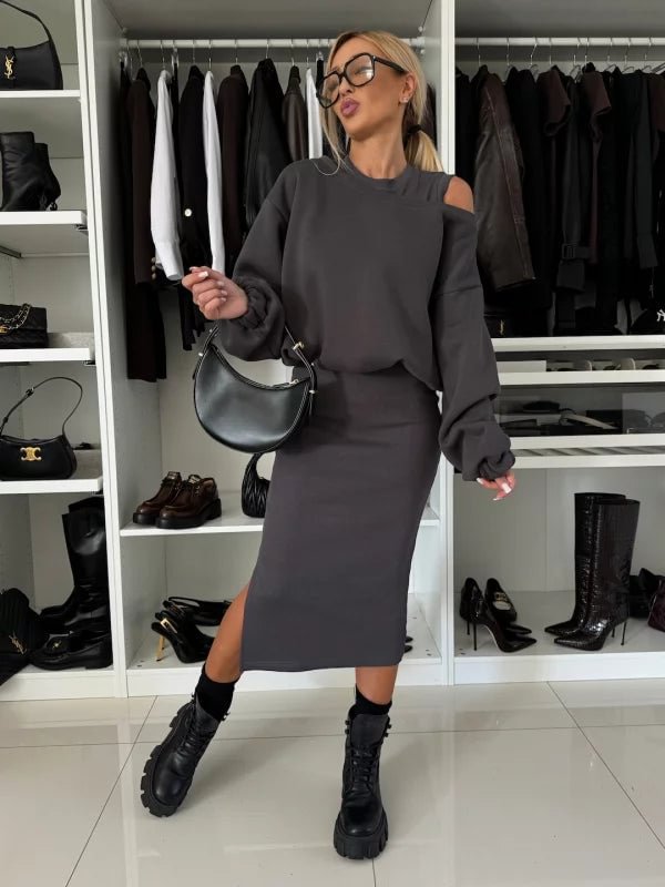 Judith – Langer Rock mit Off-Shoulder Pullover und Fledermausärmeln