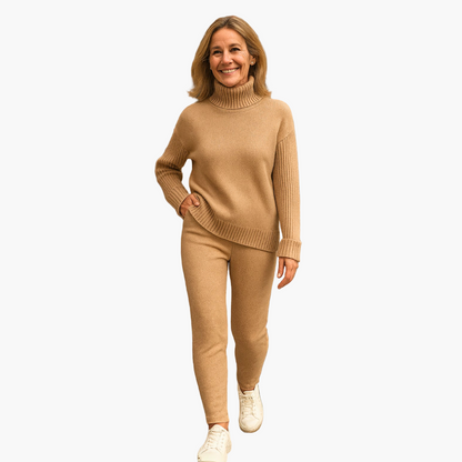 Damen Strick-Loungewear Set – Bequemer Freizeitanzug mit Rollkragen für Zuhause und unterwegs
