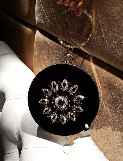 Heather – Runde Damenhandtasche aus Samt mit Diamantring