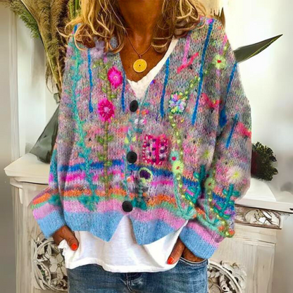 Damen Strickjacke im Boho-Stil – Gemütlicher Cardigan mit farbenfrohen Blumenmuster für Freizeit und Alltag