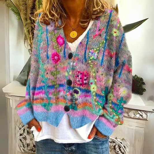 Damen Strickjacke im Boho-Stil – Gemütlicher Cardigan mit farbenfrohen Blumenmuster für Freizeit und Alltag