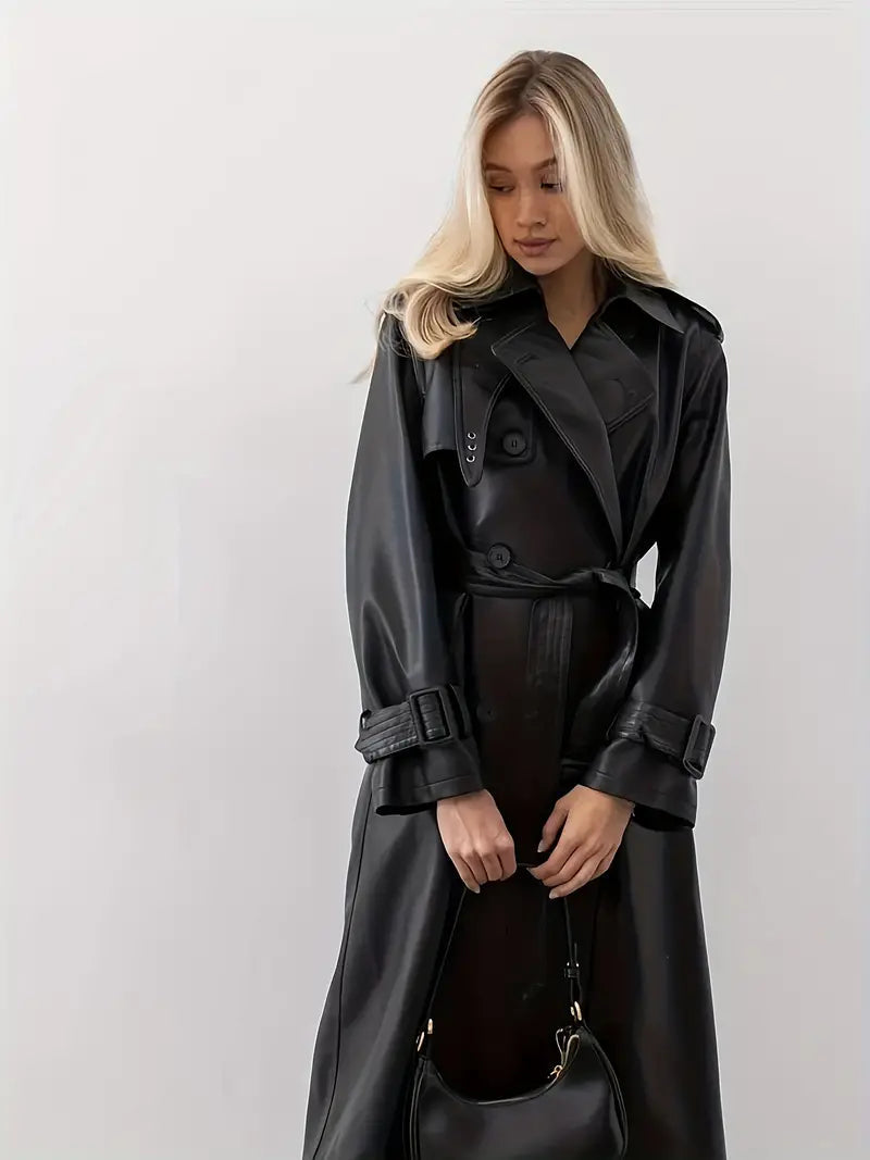 Damen Trenchcoat im Leder-Look – Stilvolle Langjacke mit Taillengürtel und breitem Revers für Alltag und Business