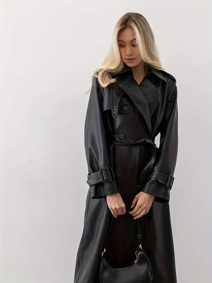 Damen Trenchcoat im Leder-Look – Stilvolle Langjacke mit Taillengürtel und breitem Revers für Alltag und Business