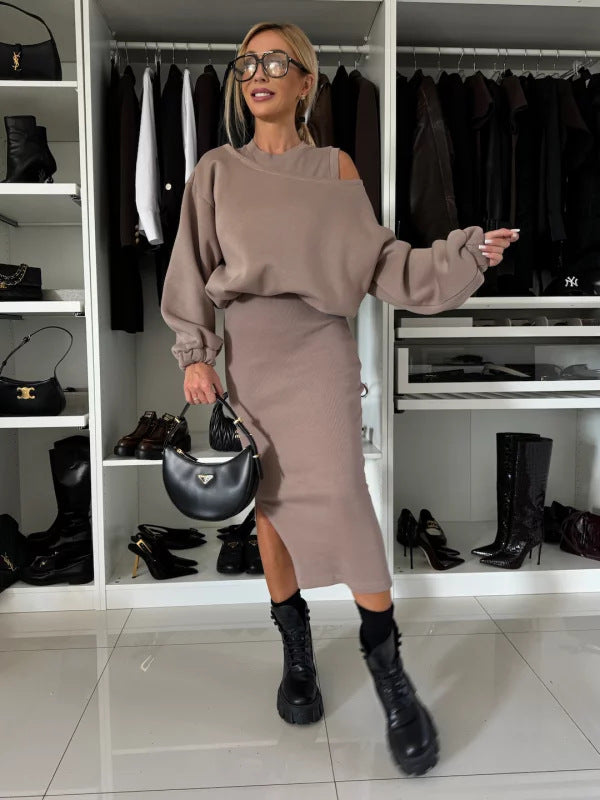 Judith – Langer Rock mit Off-Shoulder Pullover und Fledermausärmeln