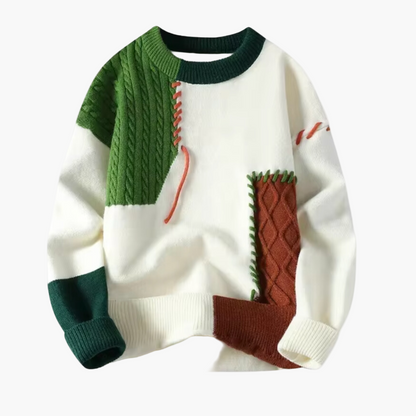 Herren Patchwork Strickpullover im modernen Stil – Komfortabler Freizeit- und Winterpullover