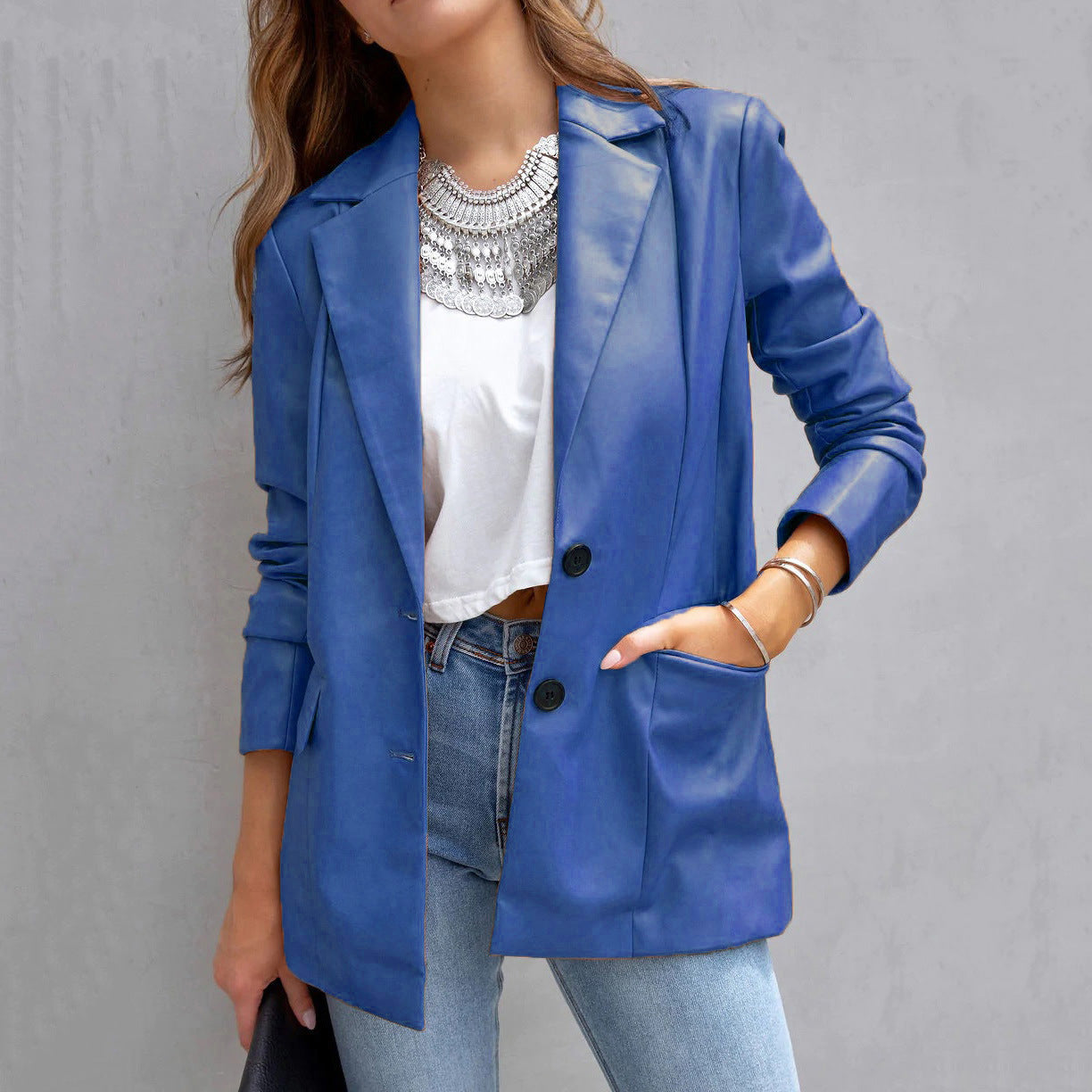 Ann – Langer Damen-PU-Cardigan mit Knöpfen