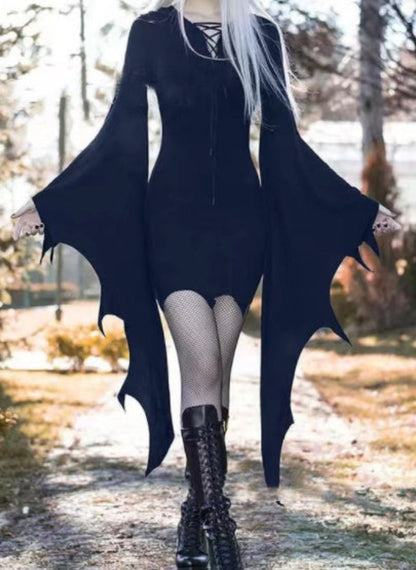 Halloween Damen Kostüm Kleid – Gothic Hexen Kleid mit Fledermausärmeln für Halloween Party & Cosplay