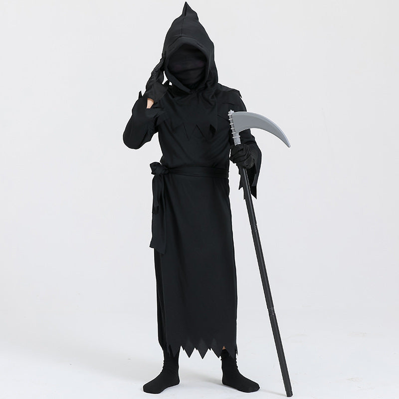 Halloween Kinder Grim Reaper Kostüm mit Sense – Unisex Grusel-Outfit für Halloween-Partys & Trick-or-Treat