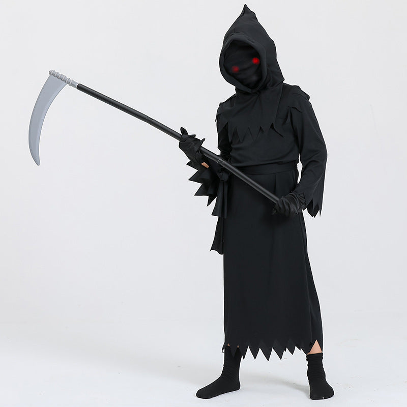 Halloween Kinder Grim Reaper Kostüm mit Sense – Unisex Grusel-Outfit für Halloween-Partys & Trick-or-Treat
