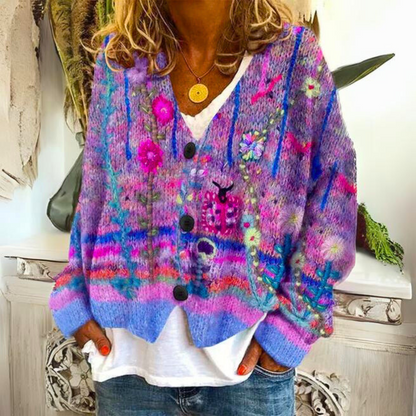 Damen Strickjacke im Boho-Stil – Gemütlicher Cardigan mit farbenfrohen Blumenmuster für Freizeit und Alltag