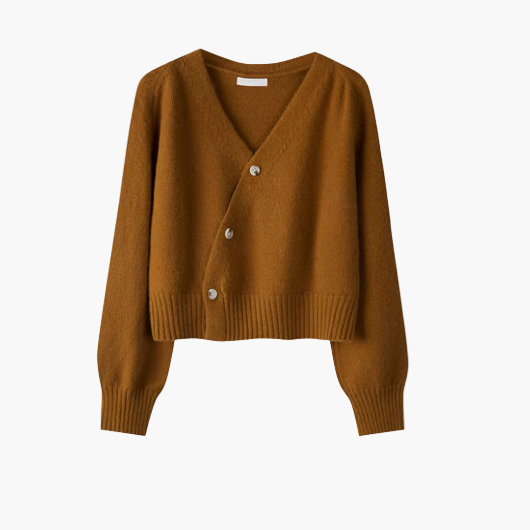 Damen Cardigan mit V-Ausschnitt und schrägem Knopf – Modischer Strick für Alltag und Büro