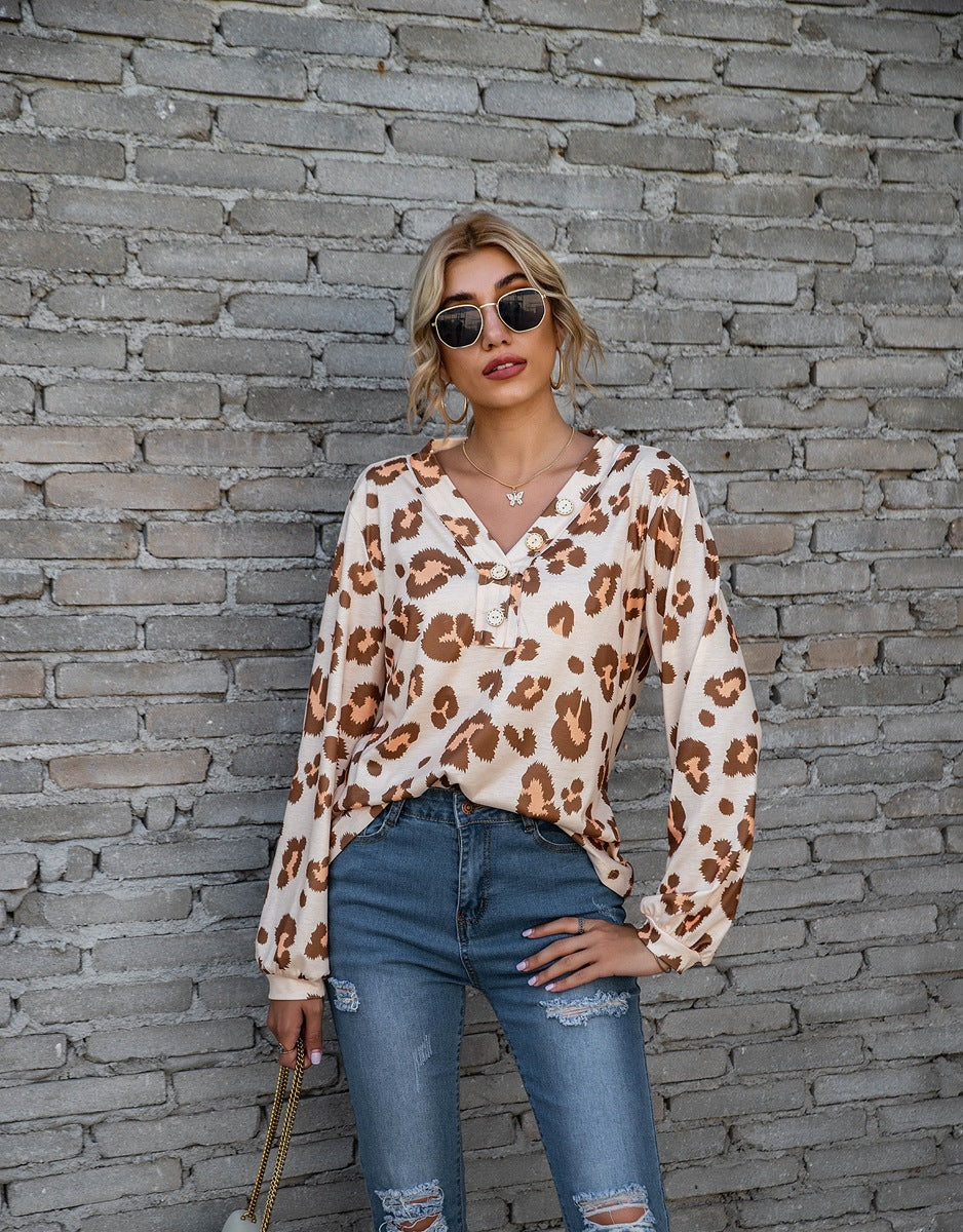 Robyn – Leopardenmuster V-Ausschnitt T-Shirt mit langen Ärmeln für Damen