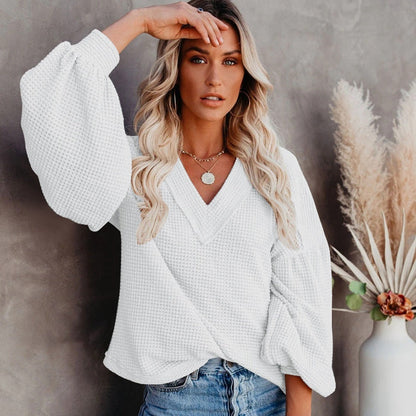 Lauren – Weites V-Ausschnitt T-Shirt mit Laternenärmeln