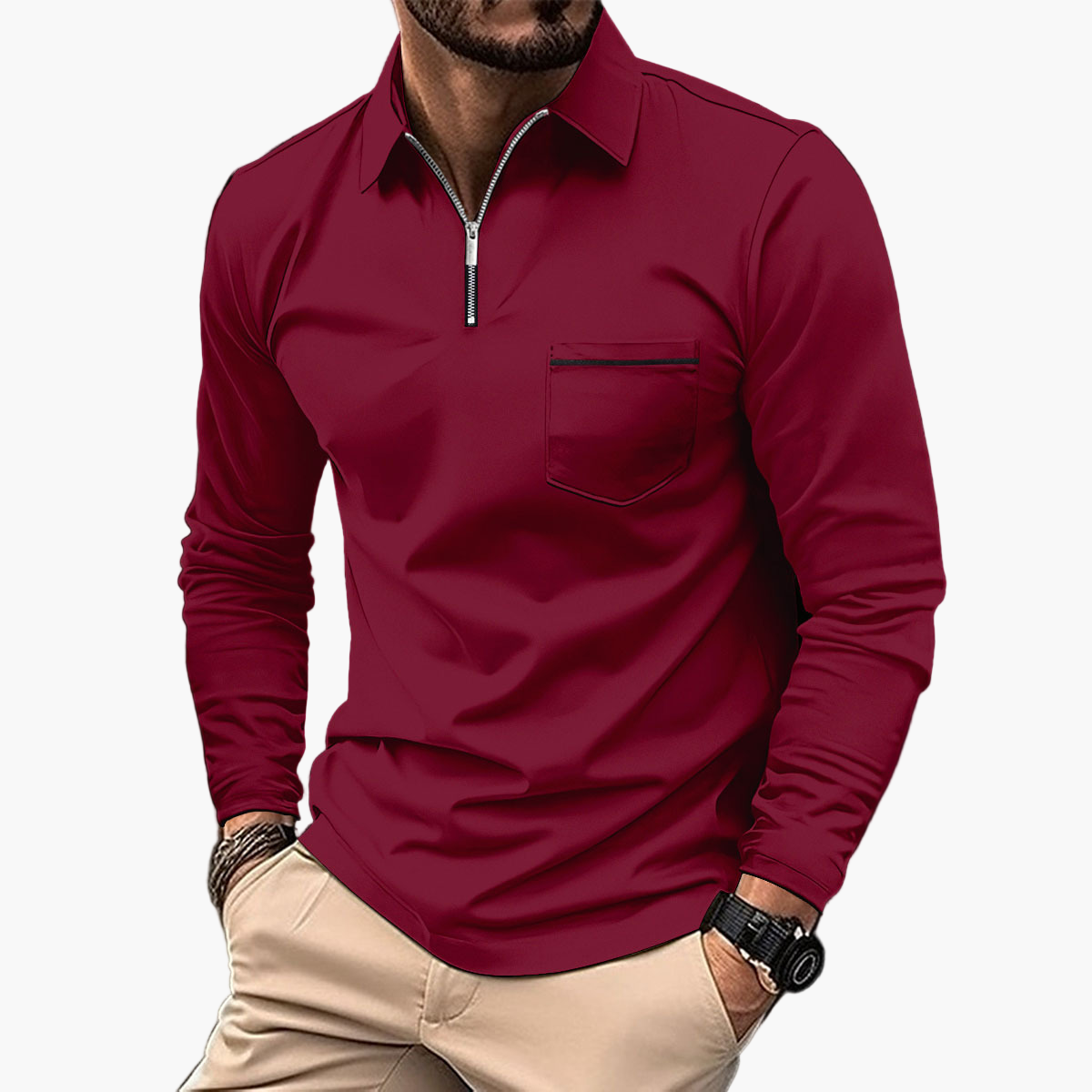 Herren Langarm-Poloshirt mit Brusttasche – Klassischer Stil für Freizeit und Büro