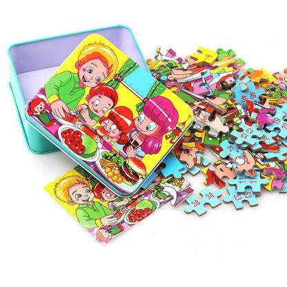 Kinder Holzpuzzle Set im Metallkoffer – Lernspielzeug ab 3 Jahren, Tier- & Bauernhof-Motive, pädagogisches Geschenk
