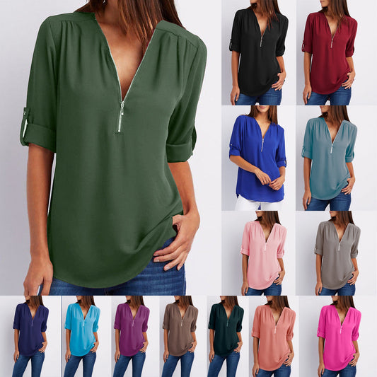 Patricia – Elegantes Damen V-Ausschnitt Shirt mit Reißverschluss