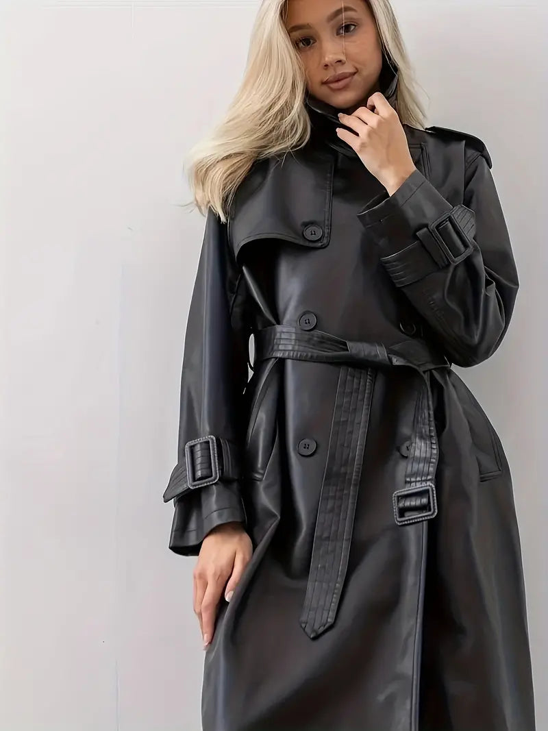 Damen Trenchcoat im Leder-Look – Stilvolle Langjacke mit Taillengürtel und breitem Revers für Alltag und Business