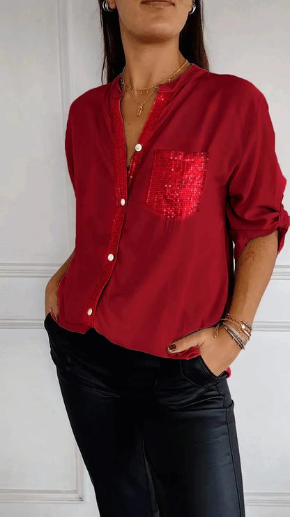 Ruth – Freizeit Bluse mit Pailletten Tasche Design