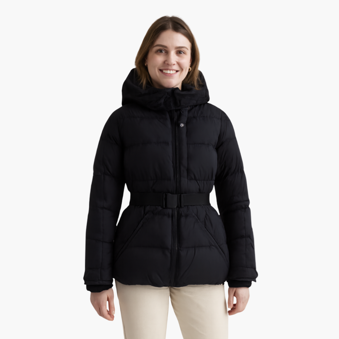 Damen Steppjacke mit Gürtel und Kapuze – Modische, Wasserabweisende Pufferjacke für Winter & Alltag