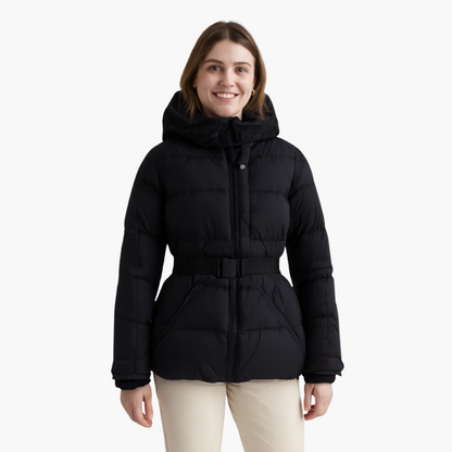 Damen Steppjacke mit Gürtel und Kapuze – Modische, Wasserabweisende Pufferjacke für Winter & Alltag