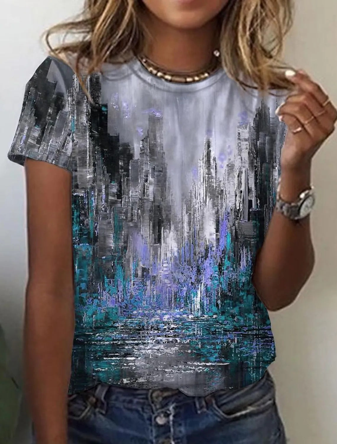 Zoe – Abstraktes Retro-Print-T-Shirt mit kurzen Ärmeln