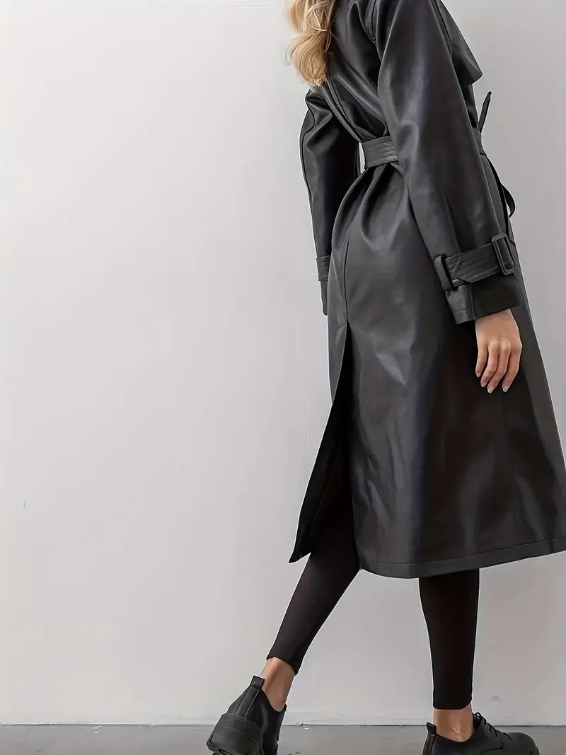 Damen Trenchcoat im Leder-Look – Stilvolle Langjacke mit Taillengürtel und breitem Revers für Alltag und Business