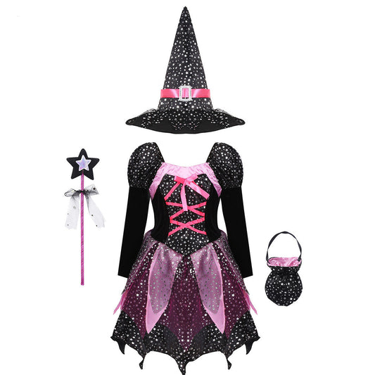 Mädchen Halloween Hexenkostüm Set mit Kleid, Hut, Zauberstab und Tasche für Kostümpartys