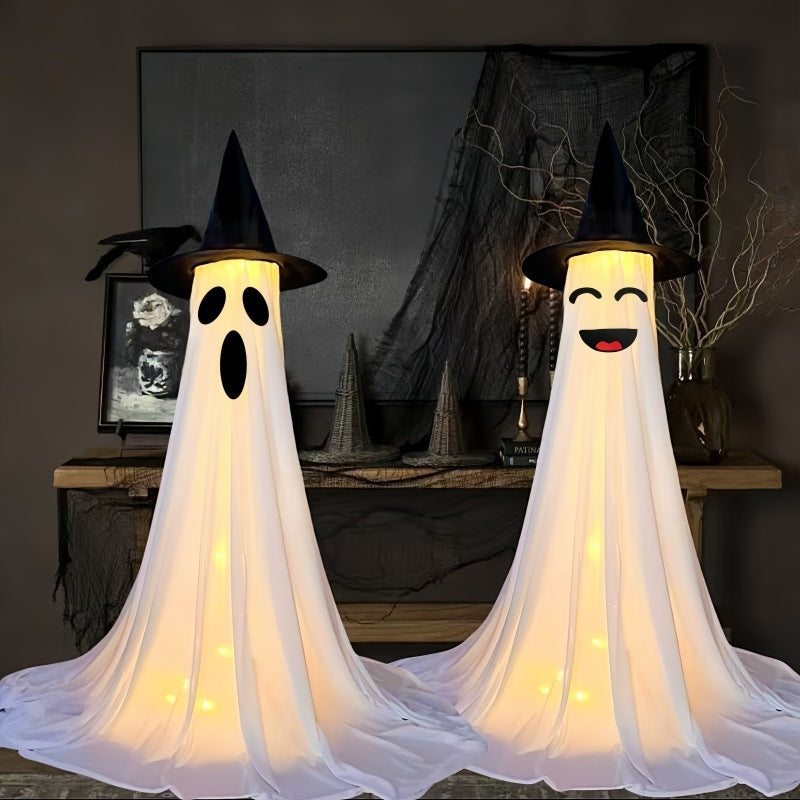 Halloween Deko Geisterfiguren mit Hexenhut – Leuchtende Stoff-Geister für Party & Gruseldekoration
