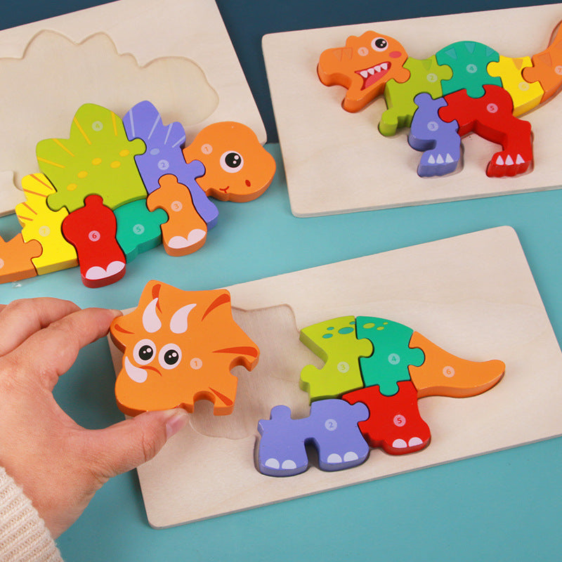 Kinder 3D Dinosaurier Holzpuzzle Lernspielzeug – Pädagogisches Steckspiel für Jungen und Mädchen, Vorschule