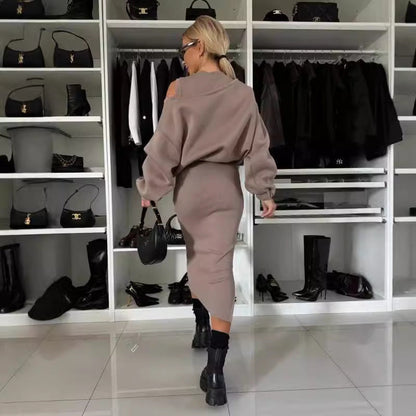 Judith – Langer Rock mit Off-Shoulder Pullover und Fledermausärmeln