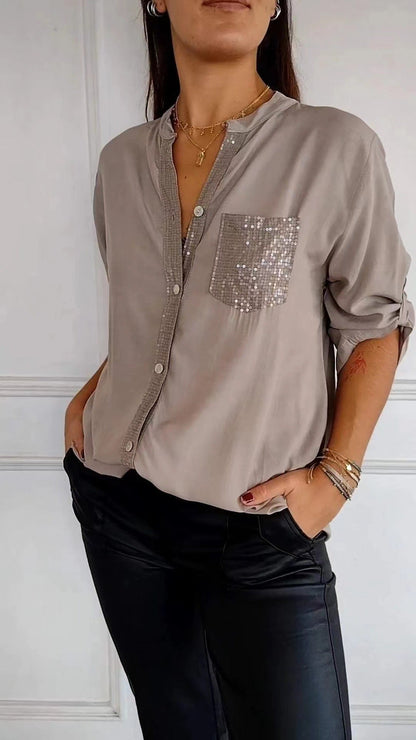 Ruth – Freizeit Bluse mit Pailletten Tasche Design