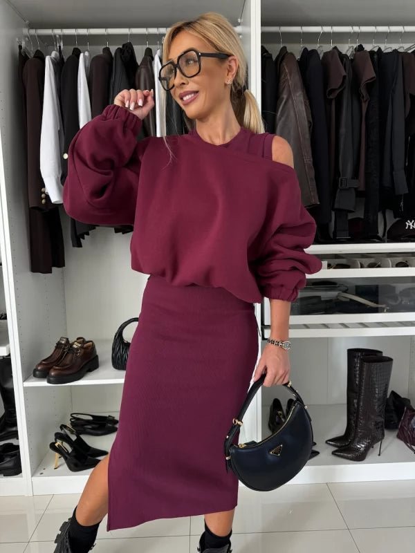 Judith – Langer Rock mit Off-Shoulder Pullover und Fledermausärmeln